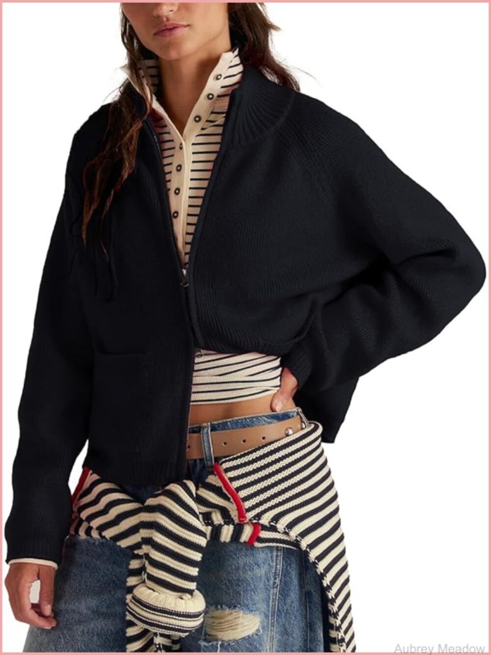 Women's Double Zipper Open Front Cardigan Sweater Ribbed Knit Coat with Pockets